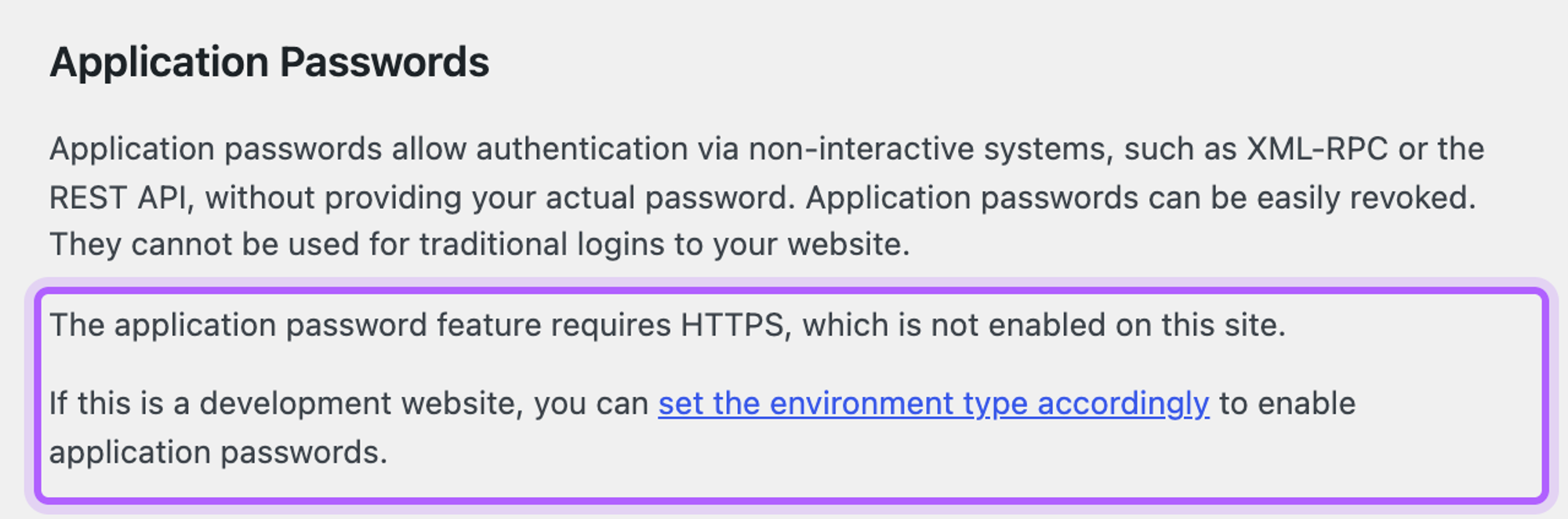 The Application Passwords section of a WordPress profile with the highlighted message The application password feature requires HTTPS, which is not enabled on this site, and a link to set the environment type