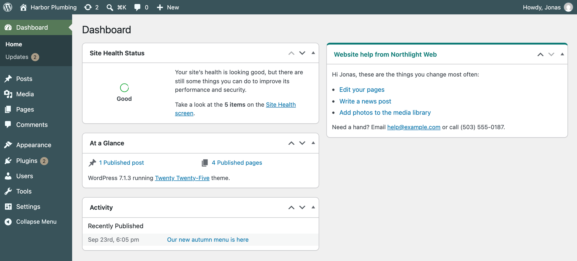 The finished dashboard in the Ocean color scheme: no welcome panel, Quick Draft or Events box, and the Northlight Web help box at the top of the second column