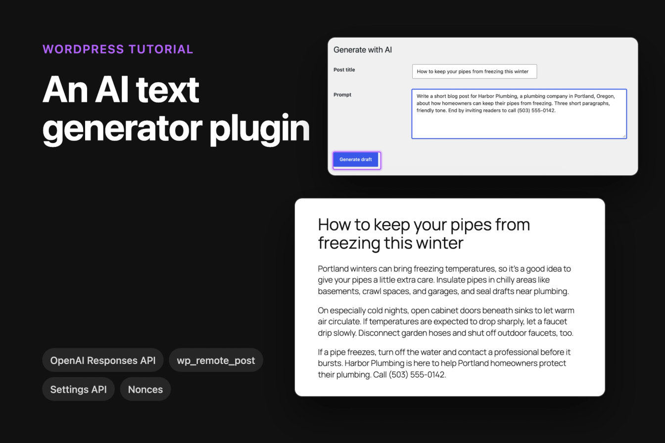 The Generate with AI form with a post title and a prompt, next to the draft post it created in the block editor