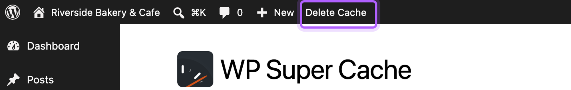 The Delete Cache link in the WordPress admin bar, added by WP Super Cache