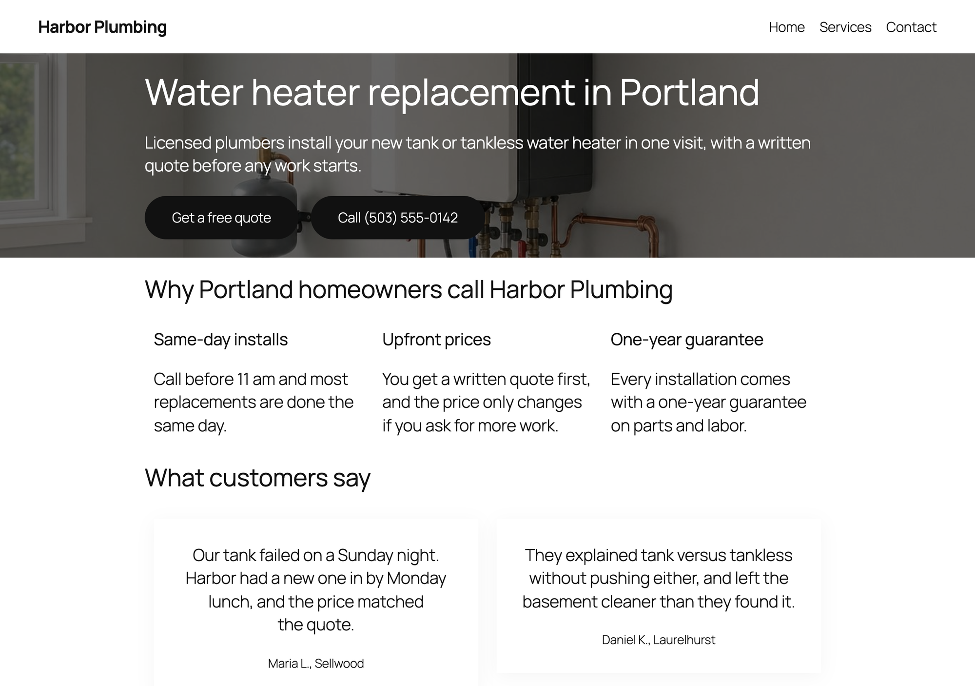 The Harbor Plumbing landing page built with Stackable, desktop view, with the hero and testimonial cards