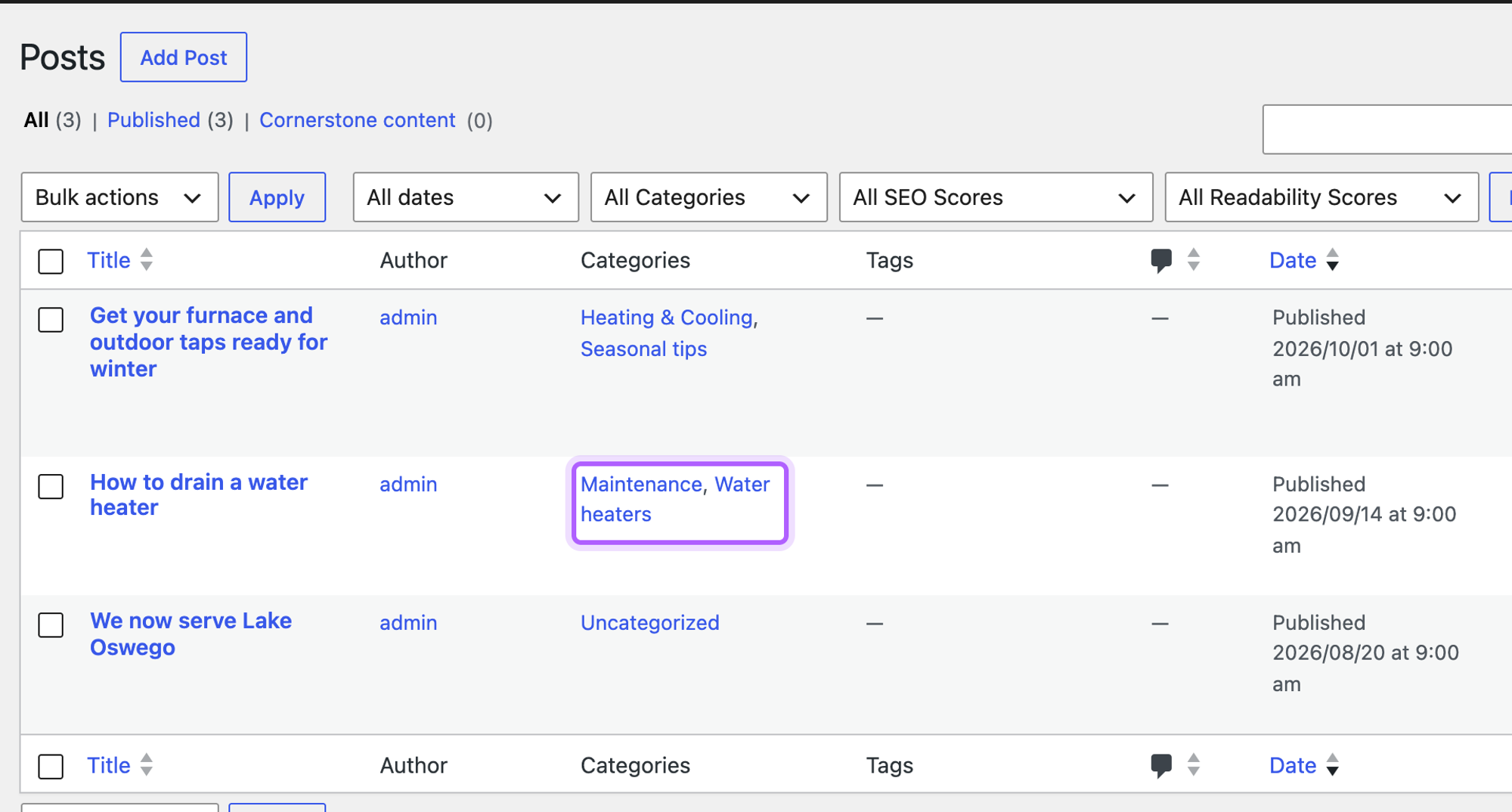 The Posts screen in WordPress with three posts, and the Categories column of How to drain a water heater, showing Maintenance, Water heaters, highlighted