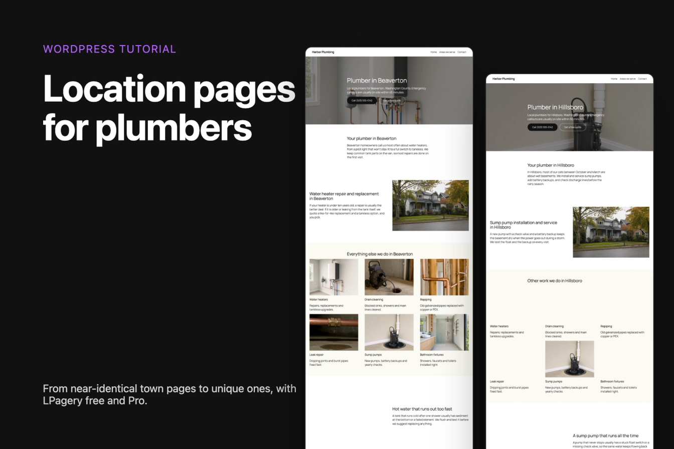 Location pages for plumbers, with two generated pages for Beaverton and Hillsboro side by side