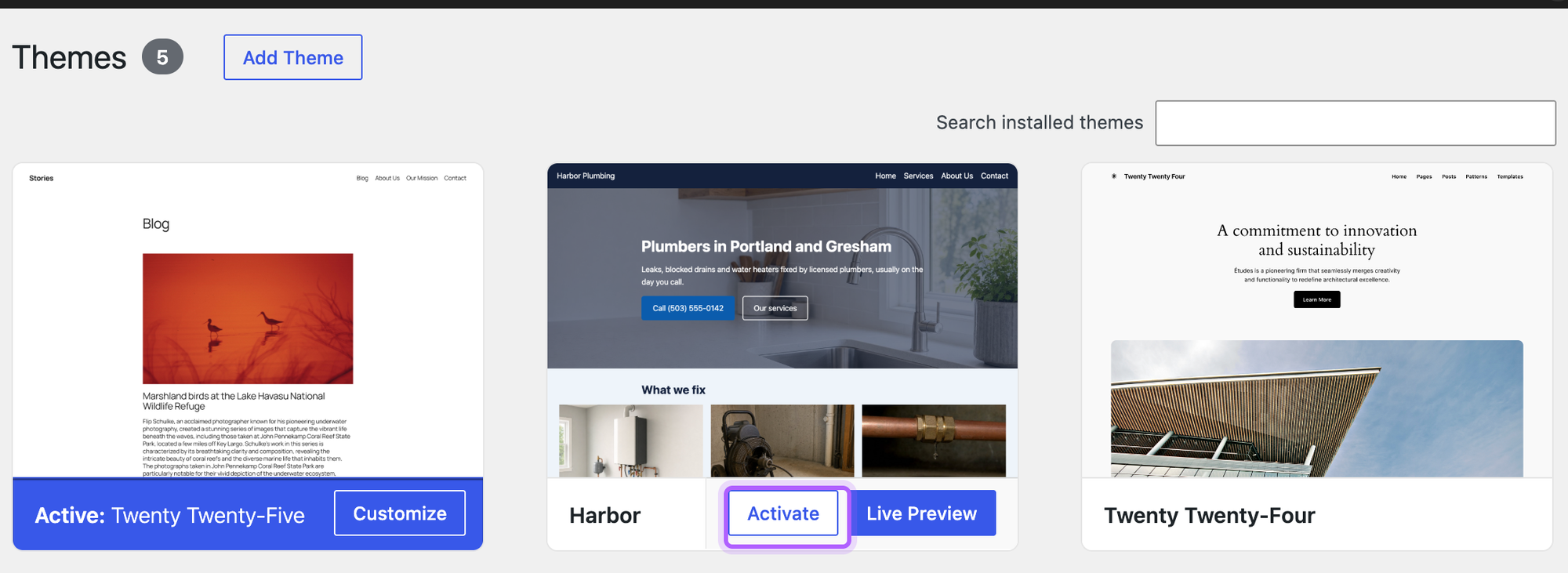 Appearance > Themes with Twenty Twenty-Five active and the Harbor theme card showing its screenshot, with the Activate button on the Harbor card highlighted
