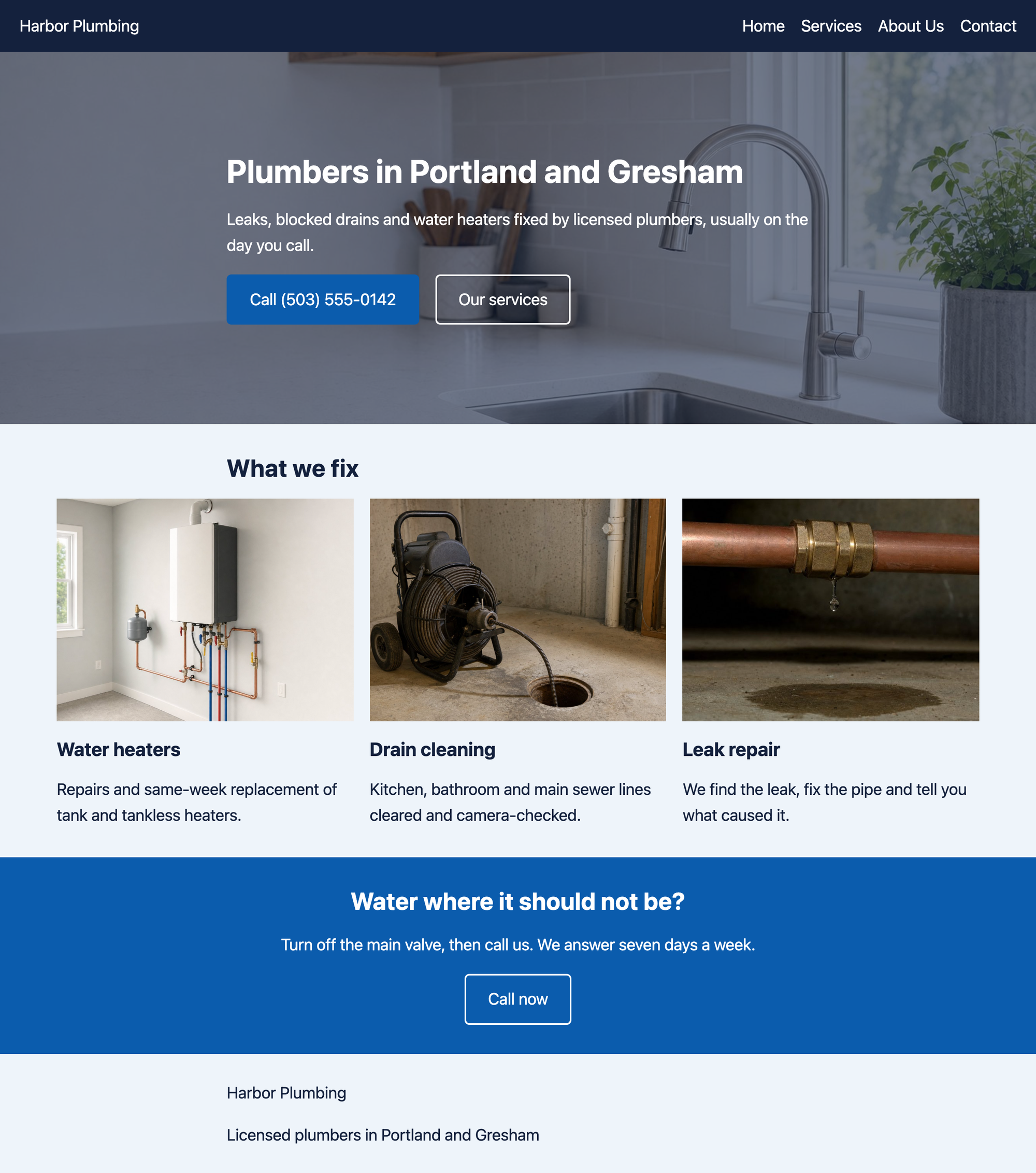 The Harbor Plumbing home page in the Harbor theme: dark header with the site title and menu, a Cover hero, three service cards on a light blue background, a blue call-to-action section and the footer with the tagline
