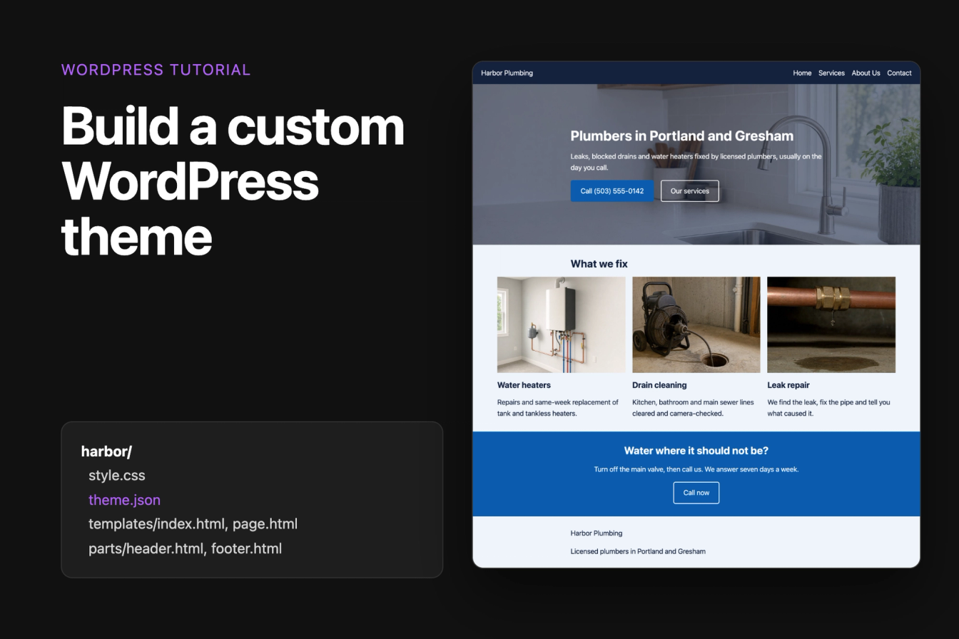 The files of the Harbor block theme (style.css, theme.json, templates and parts) next to the home page the theme renders