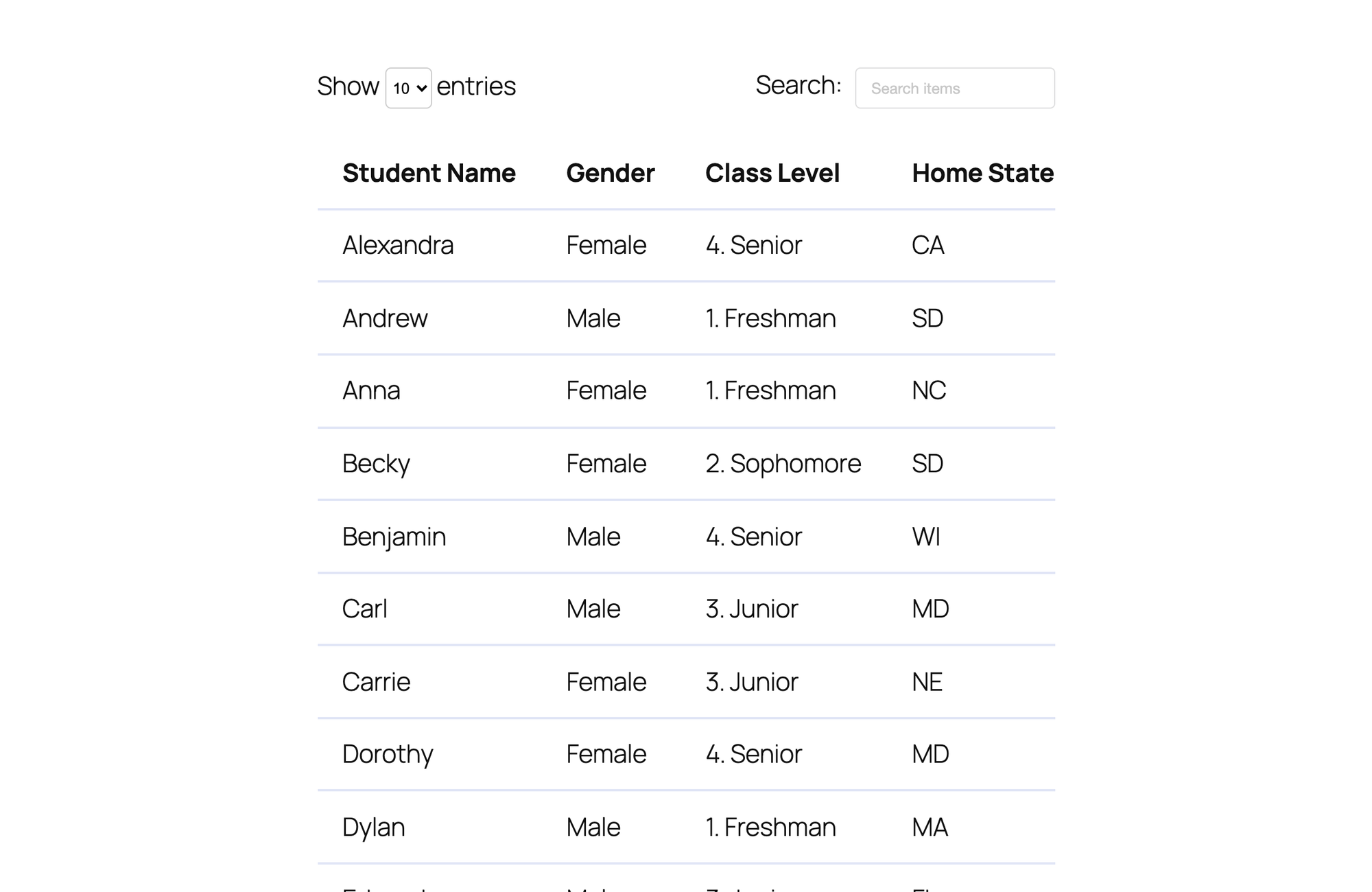 The Class list page with FlexTable's table of 30 students, a Show entries menu and a Search field