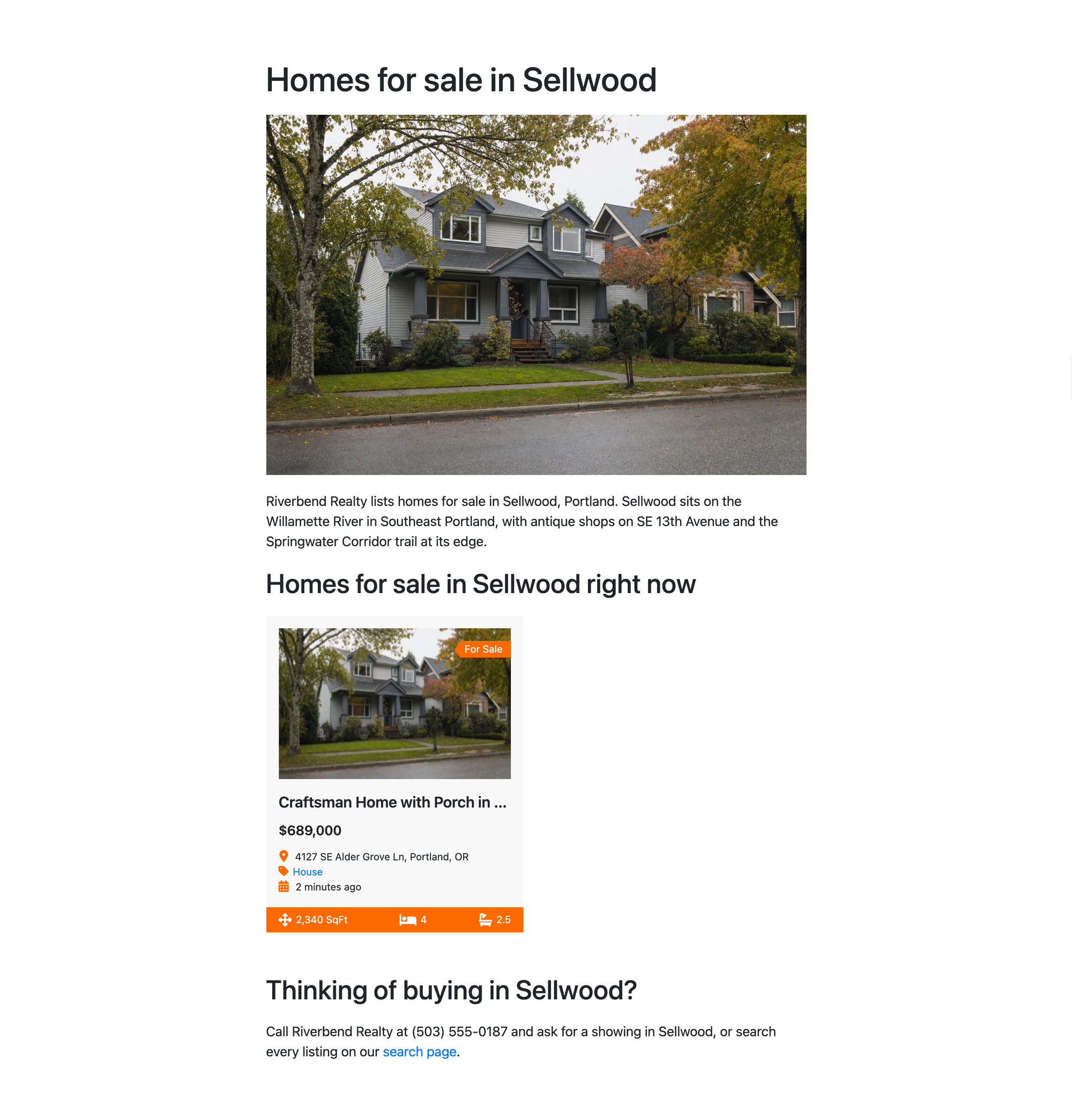 A generated Homes for sale in Sellwood page with the neighborhood intro and the Sellwood listing below it