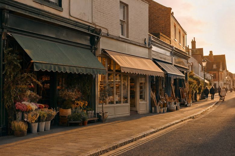 Row of independent local shops on a high street at golden hour