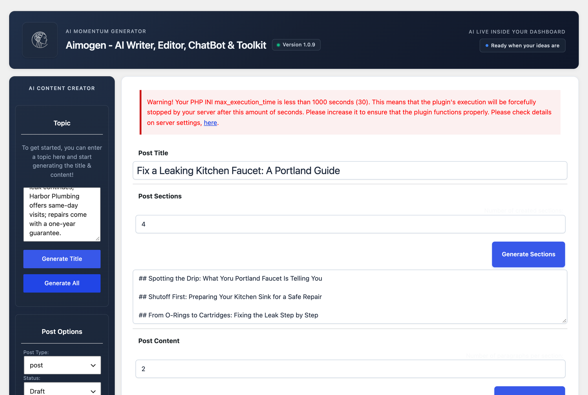 Aimogen's AI Content Creator with the faucet brief as the topic, four generated section headings and the Generate All button