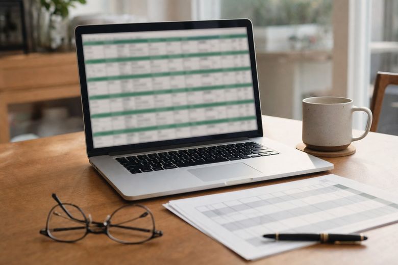 Laptop showing a spreadsheet next to a printed table and reading glasses