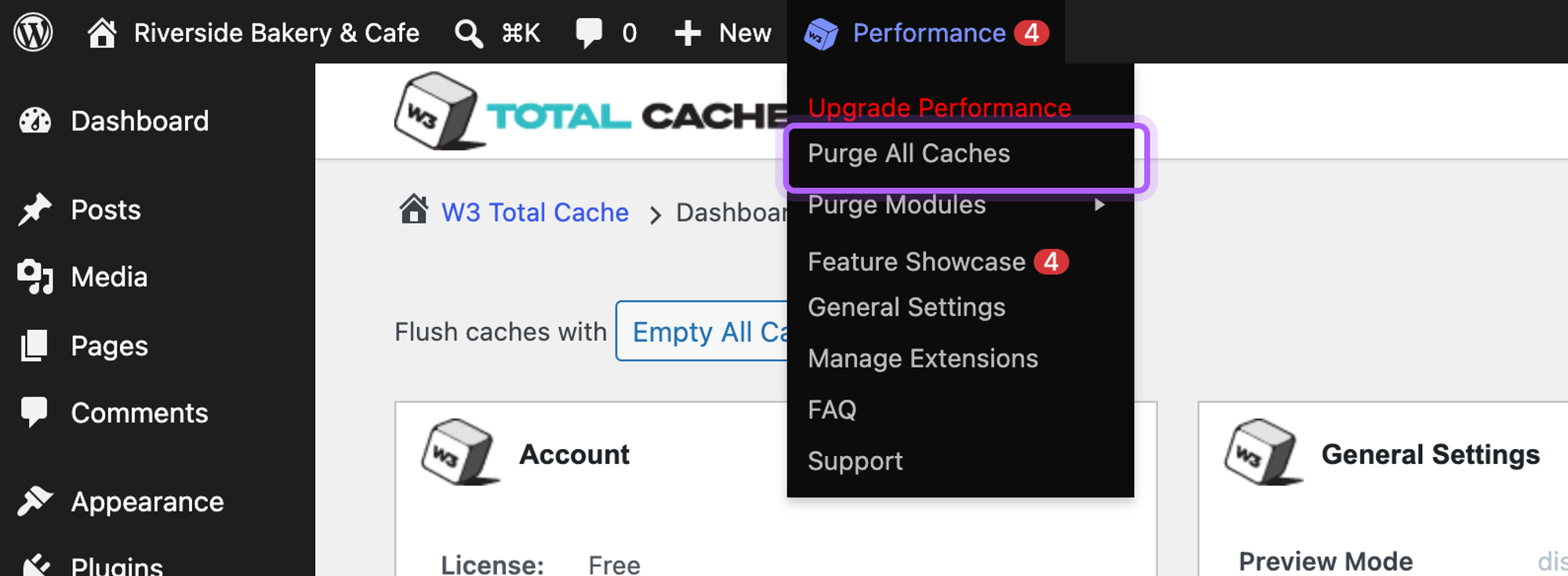 The Performance menu in the WordPress admin bar with Purge All Caches highlighted