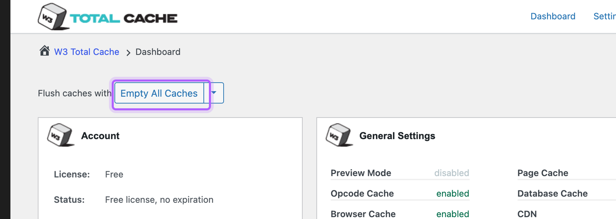 The Empty All Caches button on the W3 Total Cache dashboard