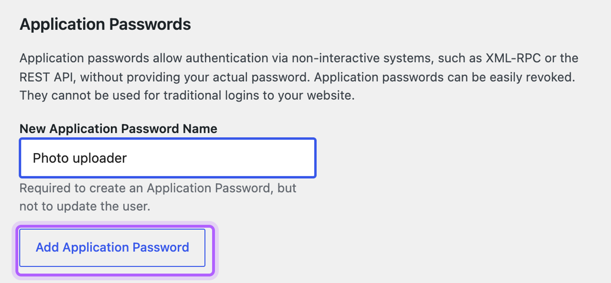 The Application Passwords section of the WordPress profile screen with Photo uploader entered as the name and the Add Application Password button highlighted