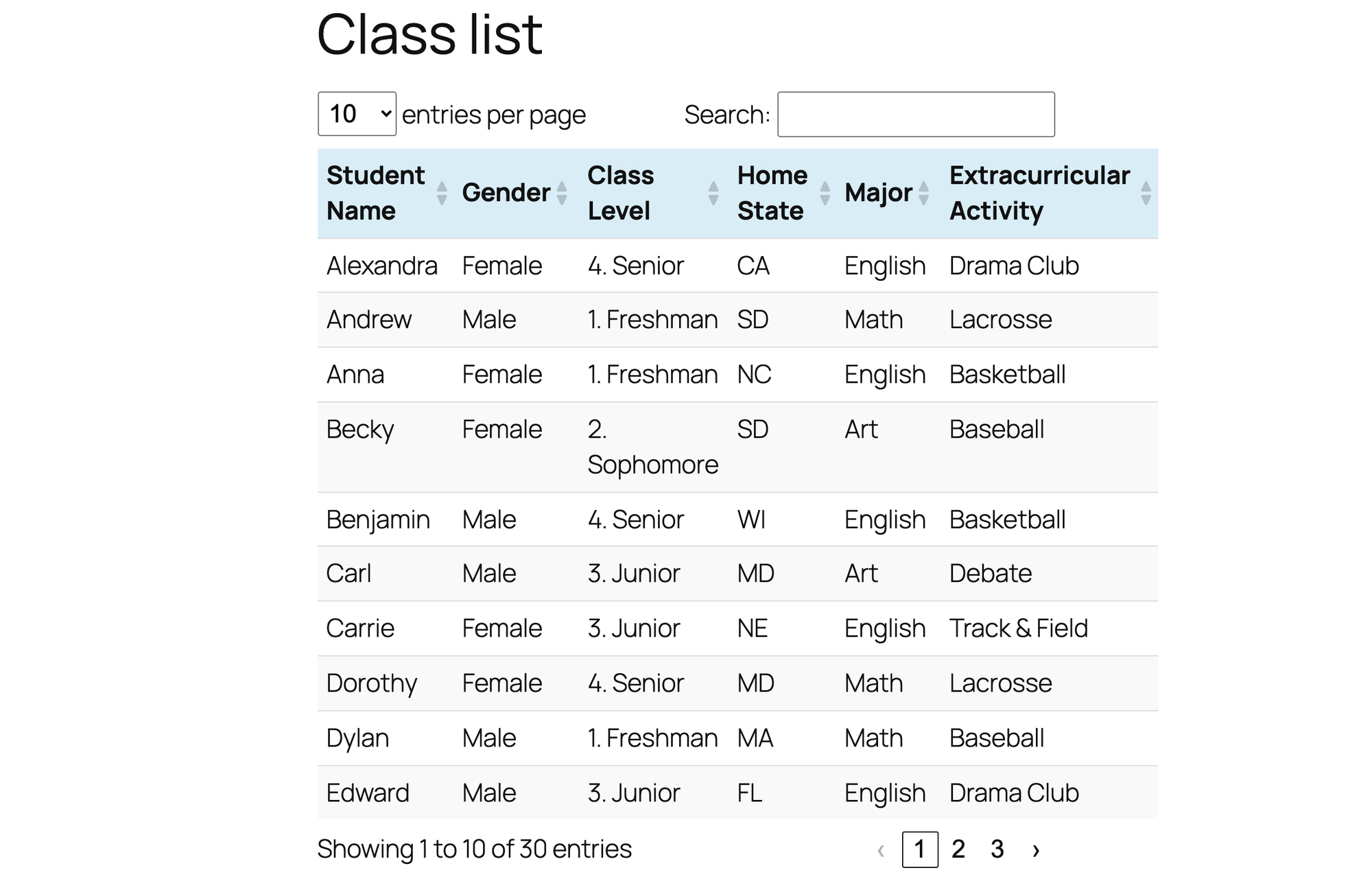 The Class list page with the TablePress table: sortable column headers, a Search field and pages 1 to 3