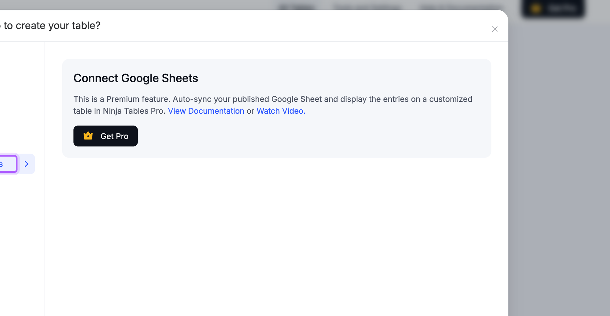 Ninja Tables' table dialog with Connect Google Sheets selected and the note This is a Premium feature