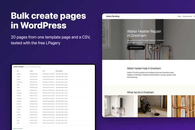 Bulk create pages in WordPress: LPagery's Confirm Creation table with 20 cities next to the generated Water Heater Repair in Gresham page
