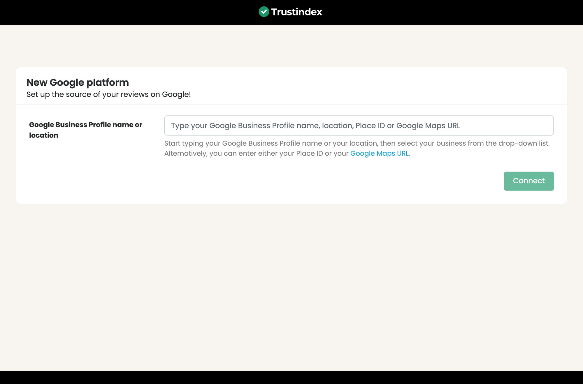 Trustindex's connect page asking for a Google Business Profile name, Place ID or Google Maps URL