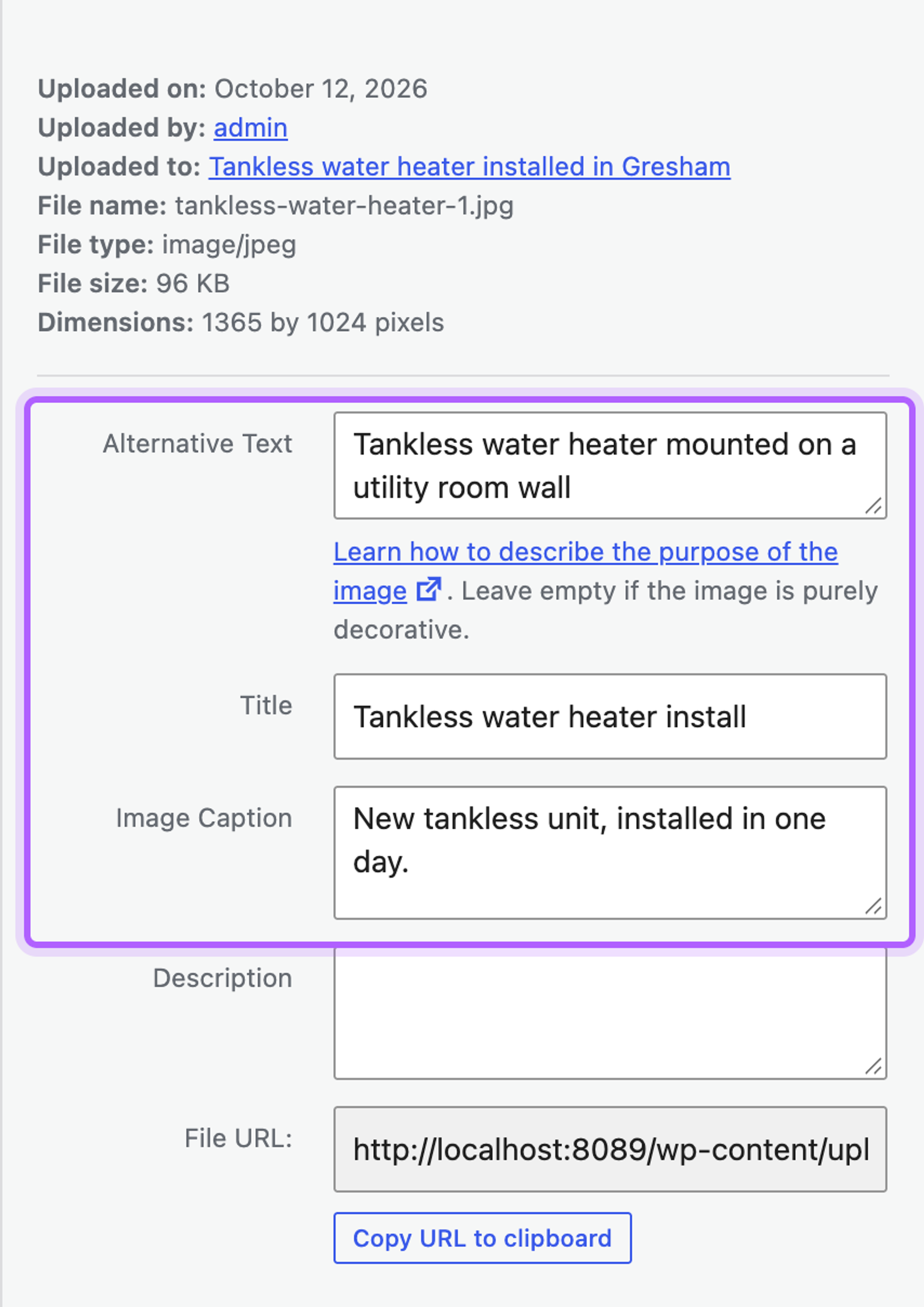 Attachment details in the WordPress Media Library with Uploaded to showing the post Tankless water heater installed in Gresham, and the alternative text, title and caption set through the REST API highlighted