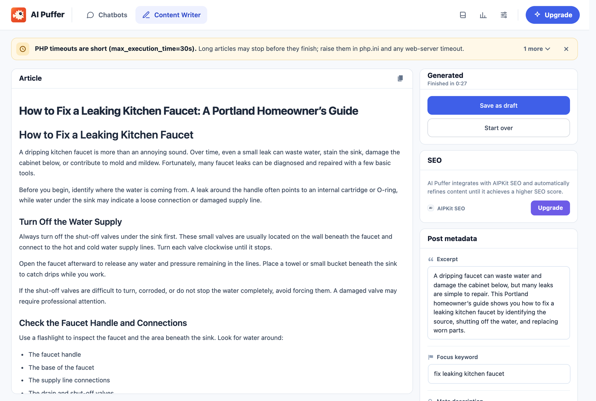 AI Puffer's Content Writer with the generated faucet article and the SEO fields it filled in