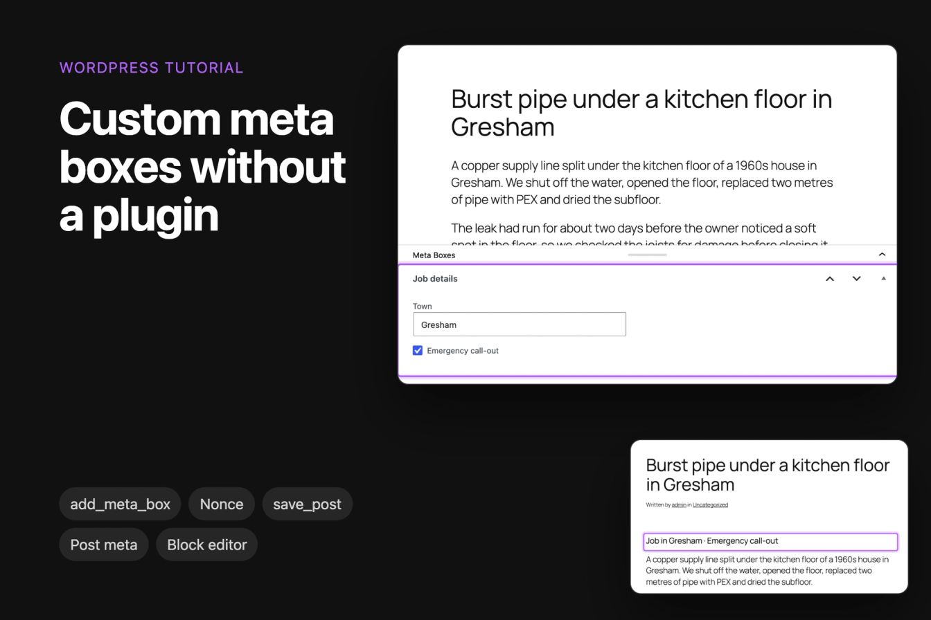 A Job details meta box with a Town field and an Emergency call-out checkbox in the block editor, next to the published post that shows Job in Gresham · Emergency call-out