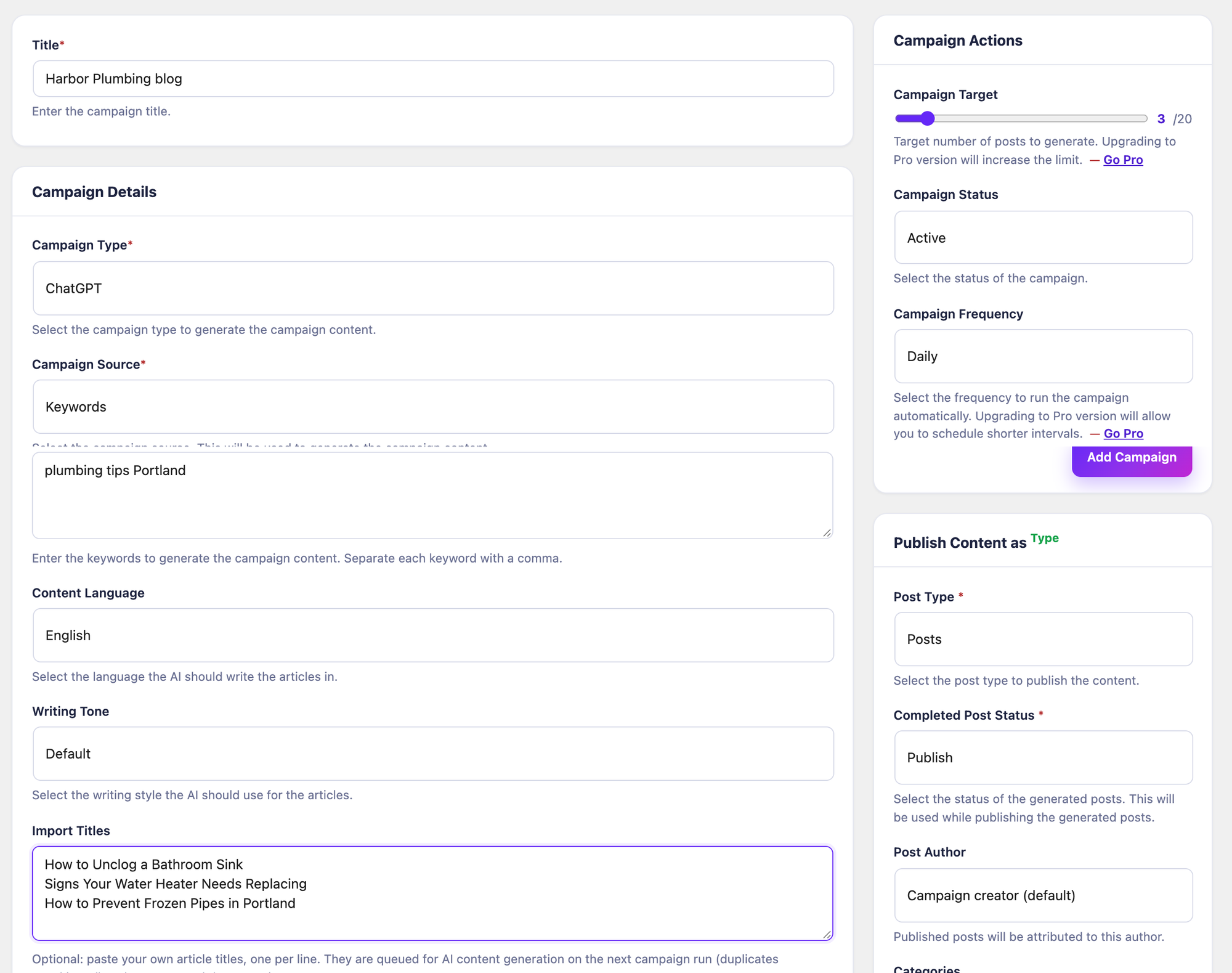 An AI Content Writer campaign with three imported titles, Campaign Target 3 of 20, Campaign Frequency Daily and Completed Post Status Publish
