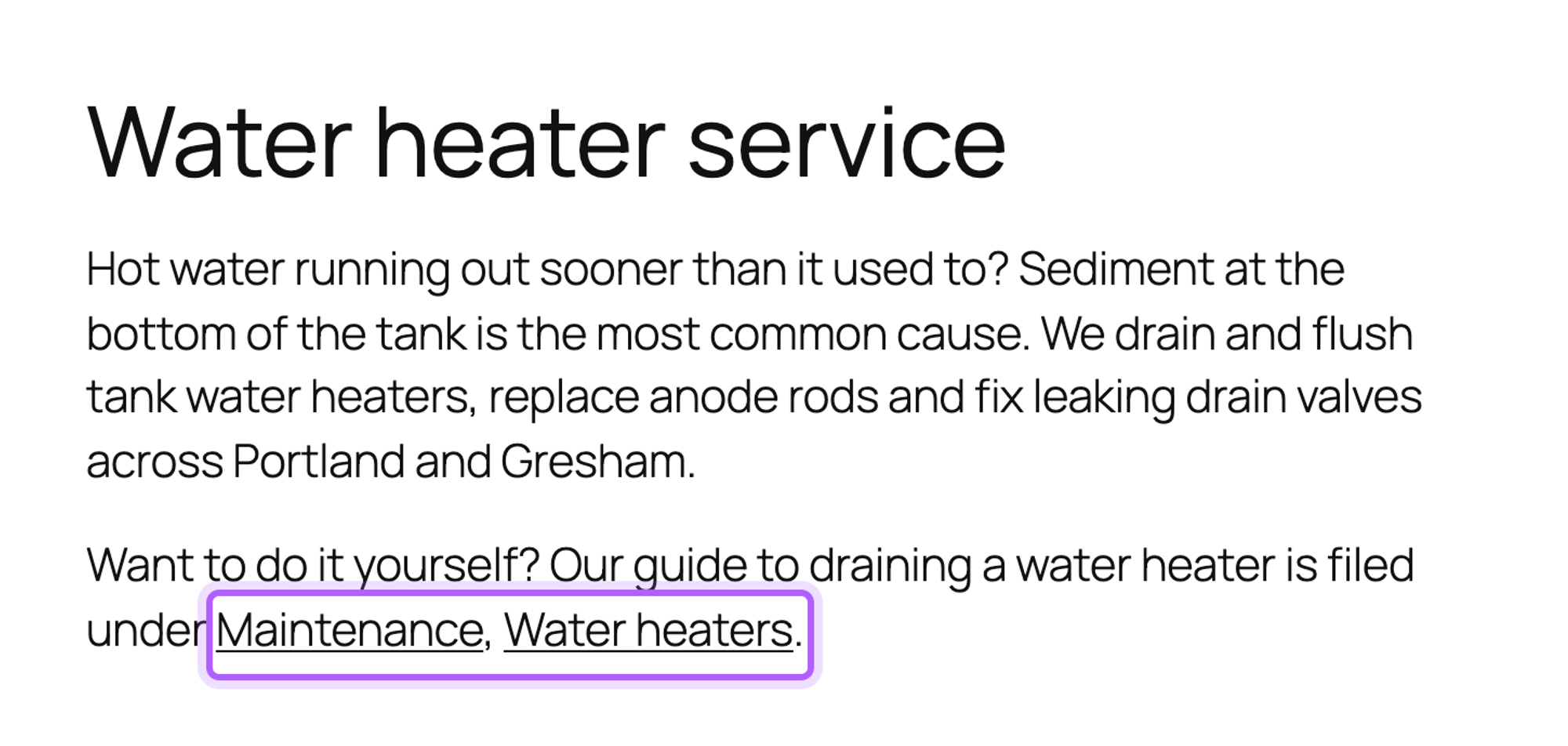 The published Water heater service page, where the sentence ends in the linked categories Maintenance, Water heaters, highlighted
