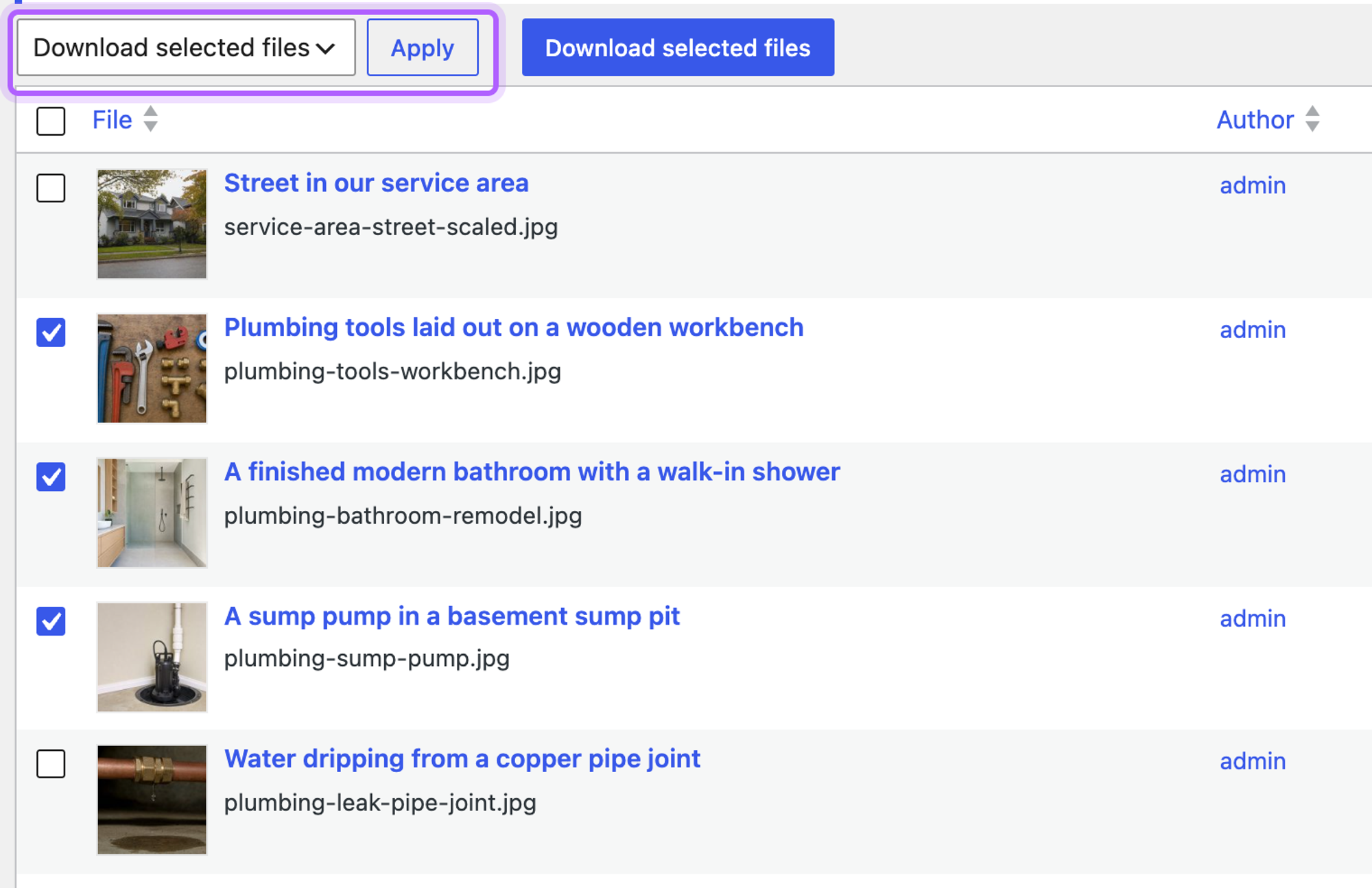 The Media Library list view with three images ticked and Download selected files chosen in the Bulk actions menu next to the Apply button, both highlighted