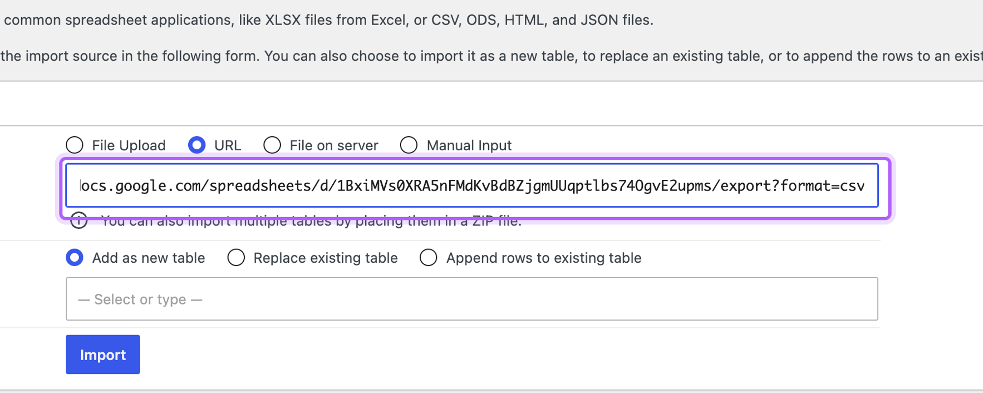 TablePress Import a Table screen with URL selected and the sheet's CSV export link in the URL field, outlined