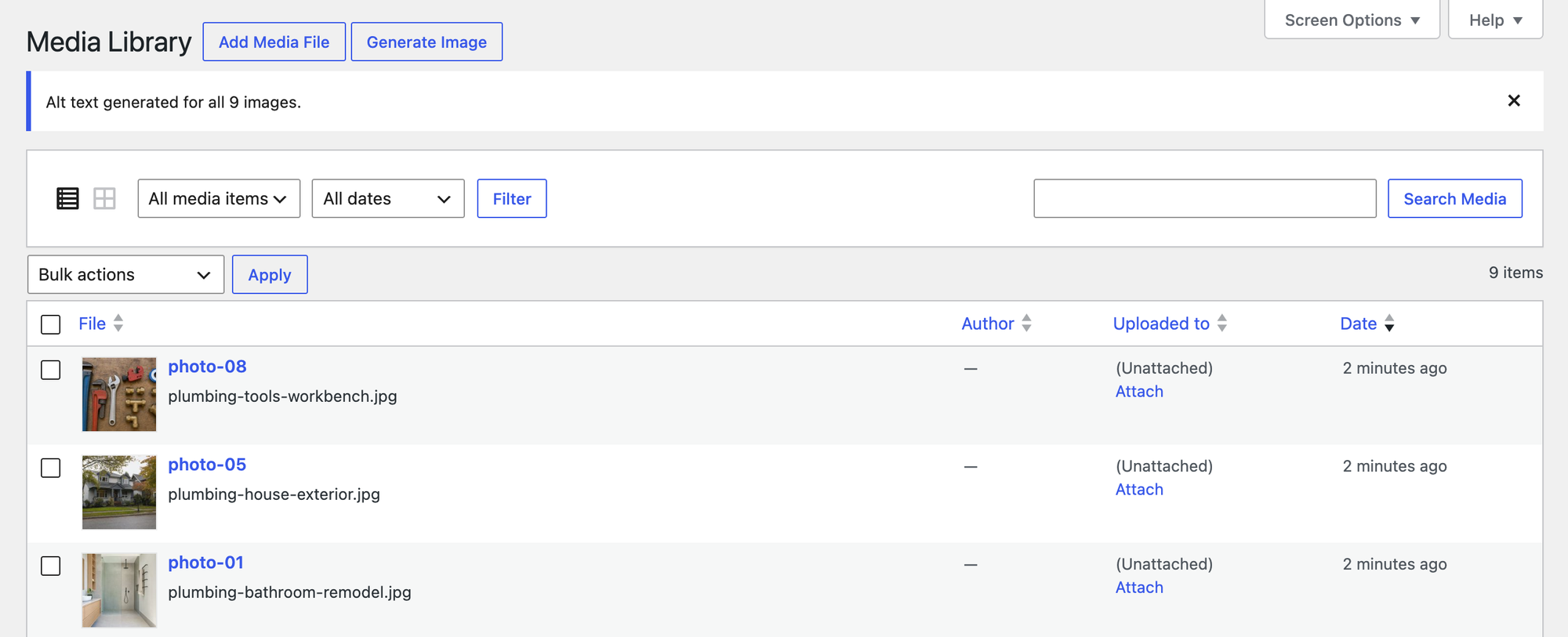The WordPress Media Library after the AI plugin's bulk action, with the notice Alt text generated for all 9 images