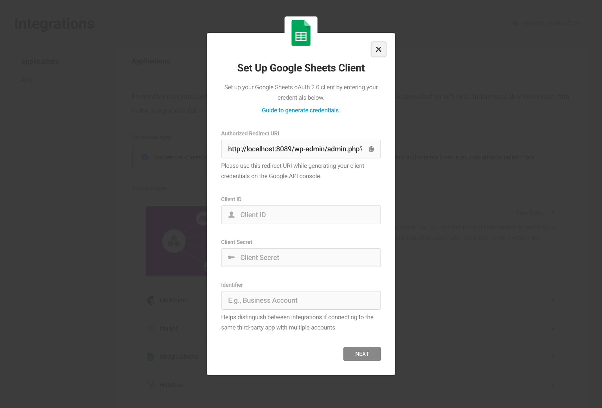 Forminator's Set Up Google Sheets Client dialog asking for an Authorized Redirect URI, Client ID and Client Secret