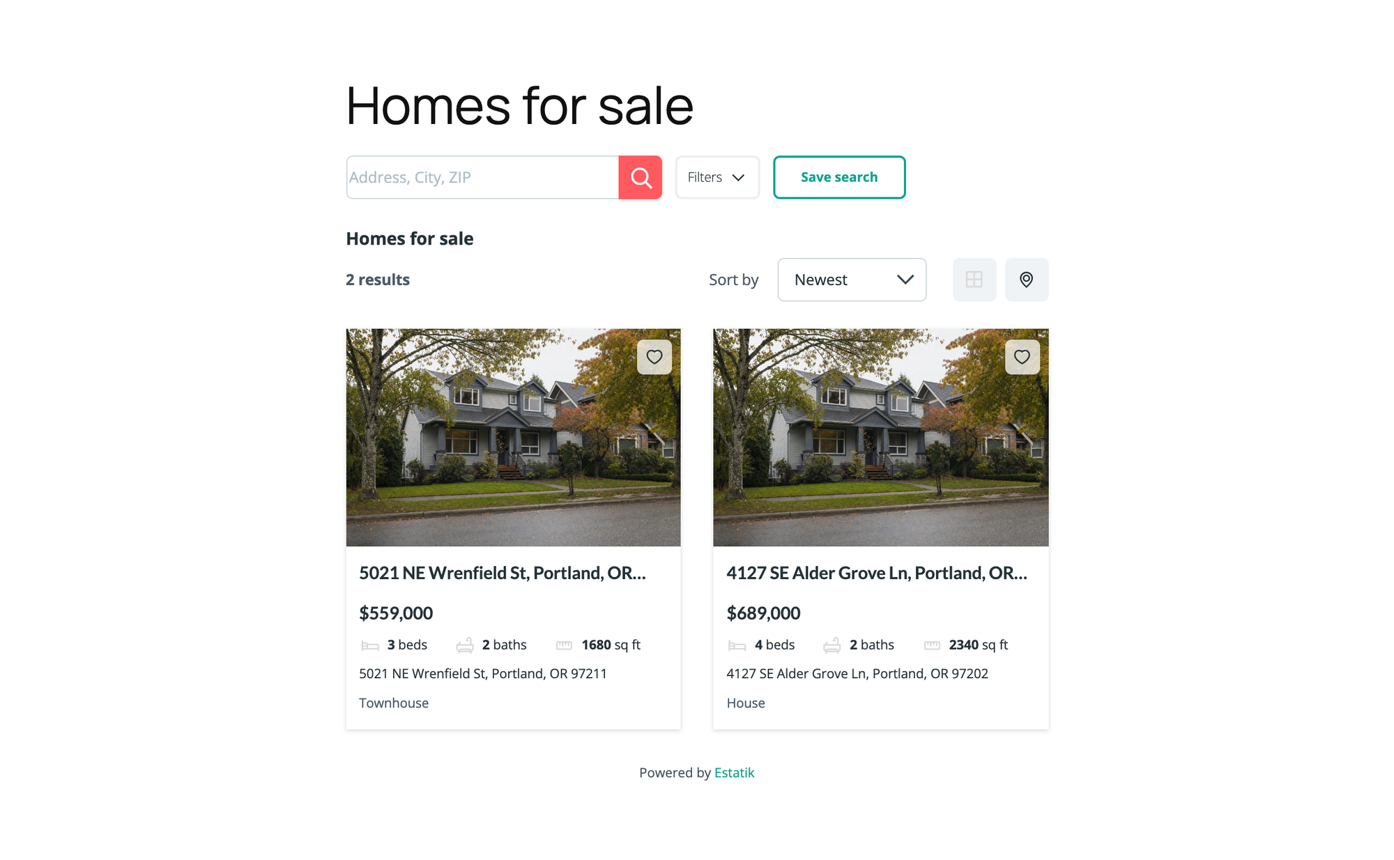 Estatik's listing grid after a visitor searched for 3 or more bedrooms up to $700,000, showing the Sellwood and Alberta listings