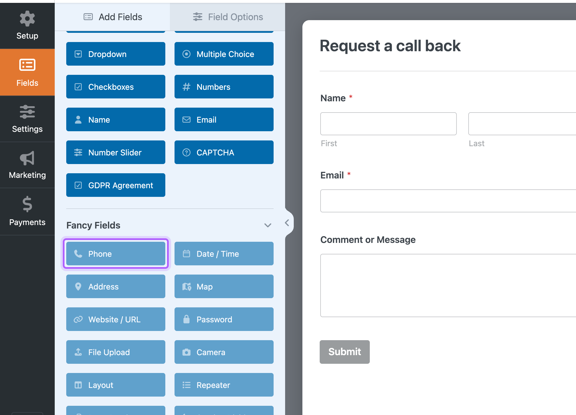 The WPForms builder field list with the Phone and File Upload fields marked as Pro
