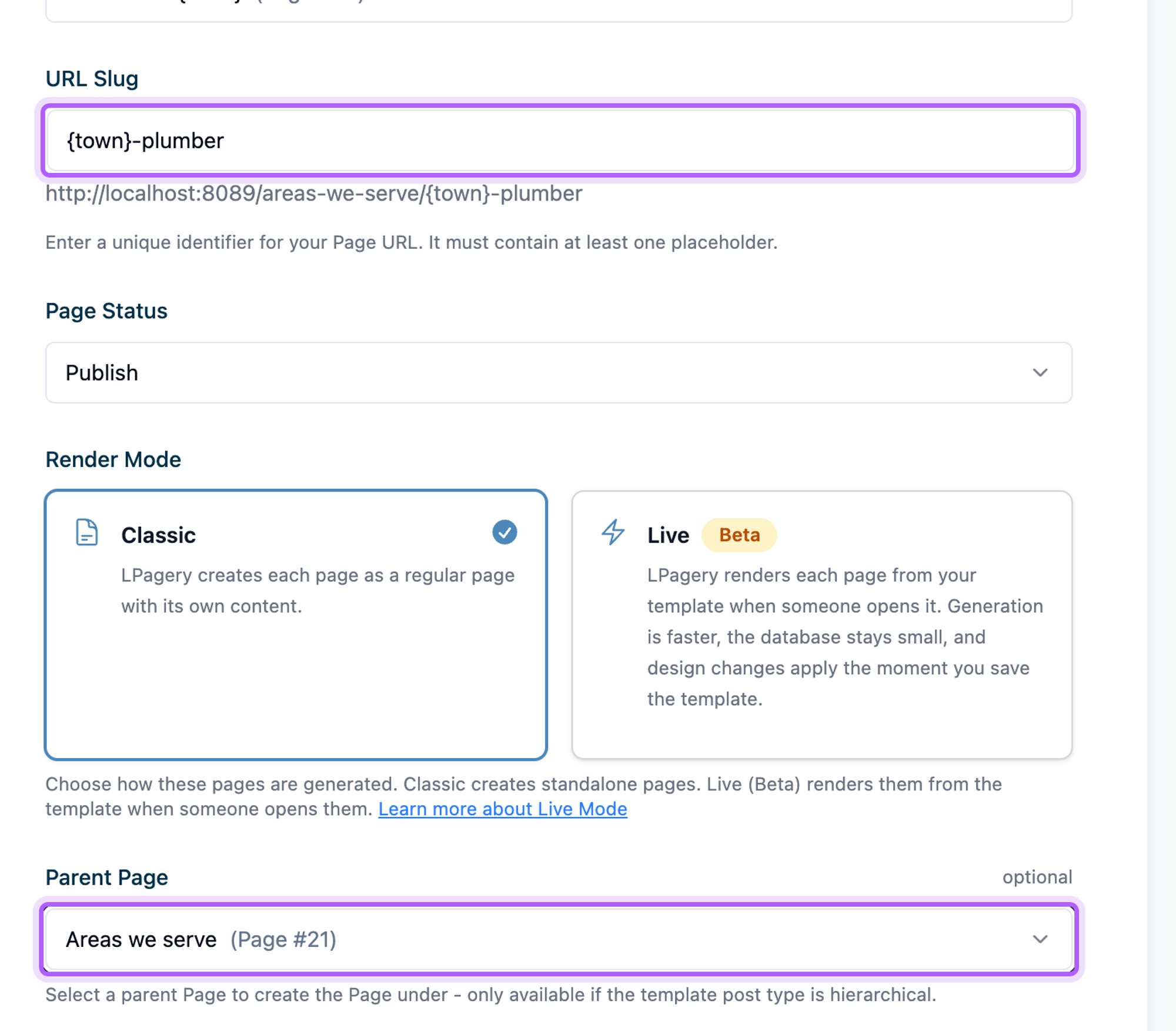 The Create Pages settings with the URL Slug {town}-plumber and the Parent Page Areas we serve highlighted