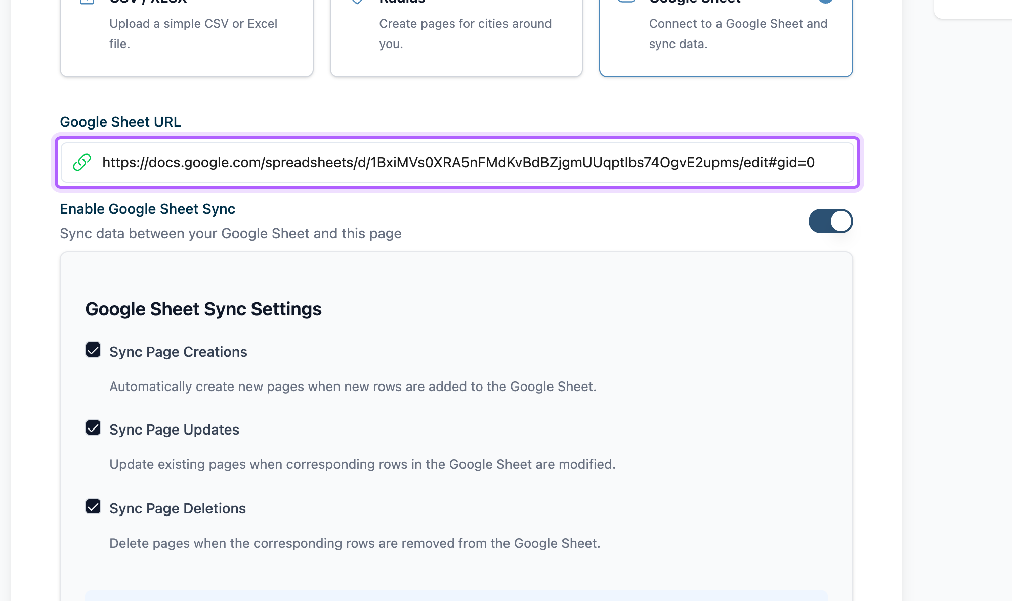 LPagery's Google Sheet input with the sheet link pasted and Enable Google Sheet Sync switched on, showing the sync settings