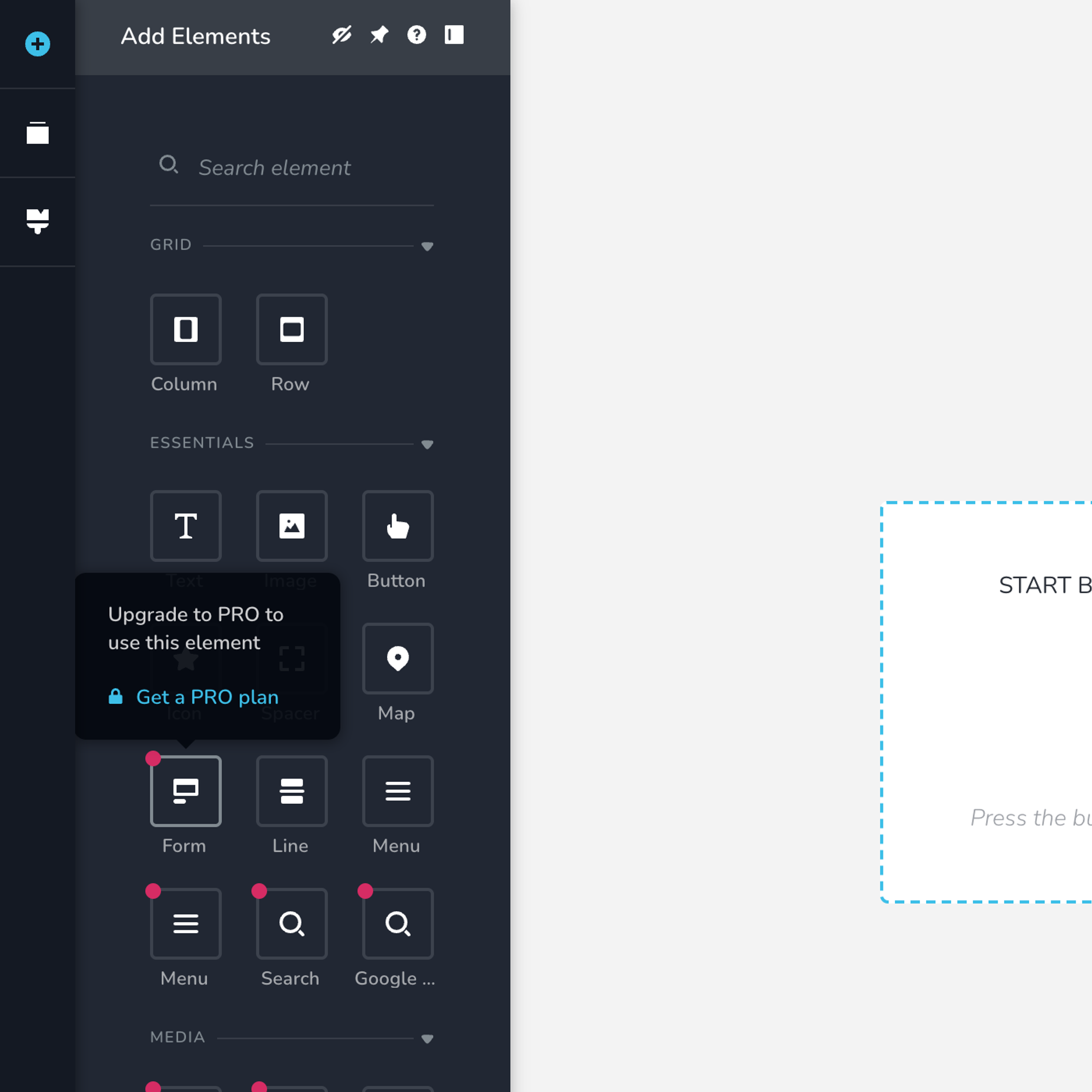 Brizy's Add Elements panel with the tooltip Upgrade to PRO to use this element over the Form element