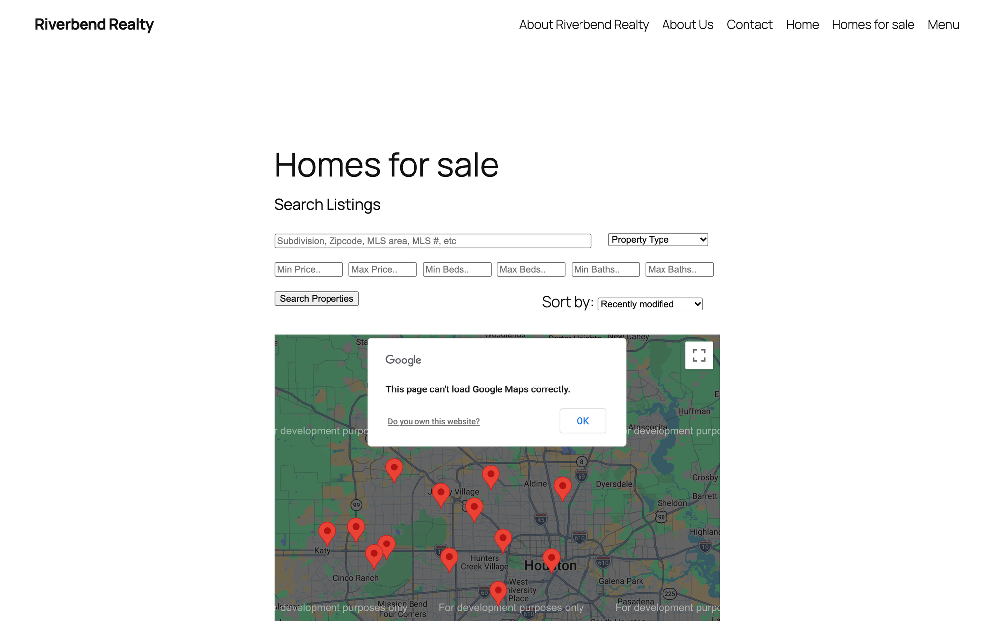 SimplyRETS search results with demo listings, a map and filters for price, beds and baths