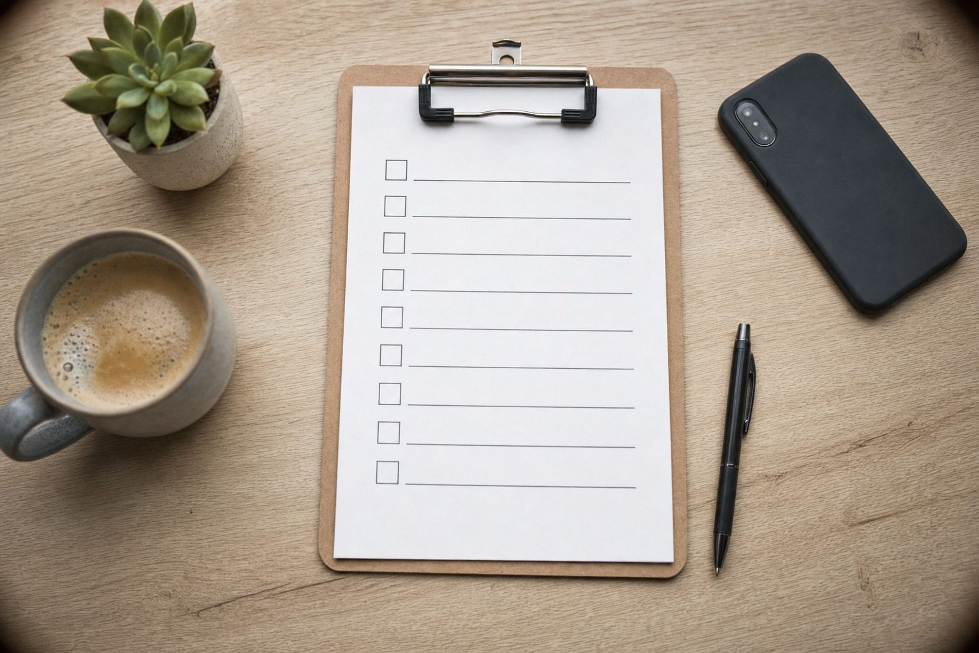 Klembord met een lege checklist, pen en koffie op een houten bureau