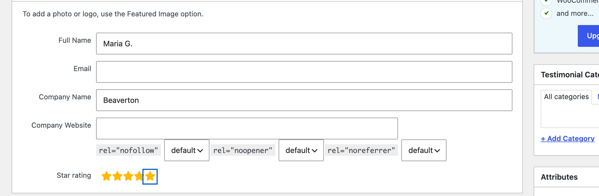 Adding a testimonial in Strong Testimonials with the Full Name, Company Name and Star rating fields