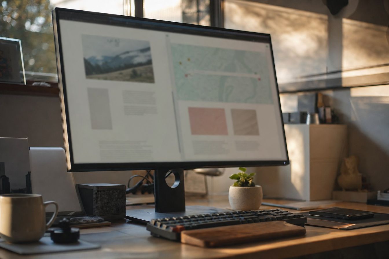 Web designer desk with a monitor showing a website layout with a map section