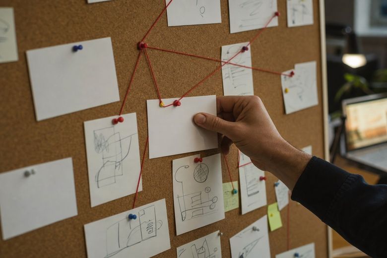 Cork board with index cards connected by red string