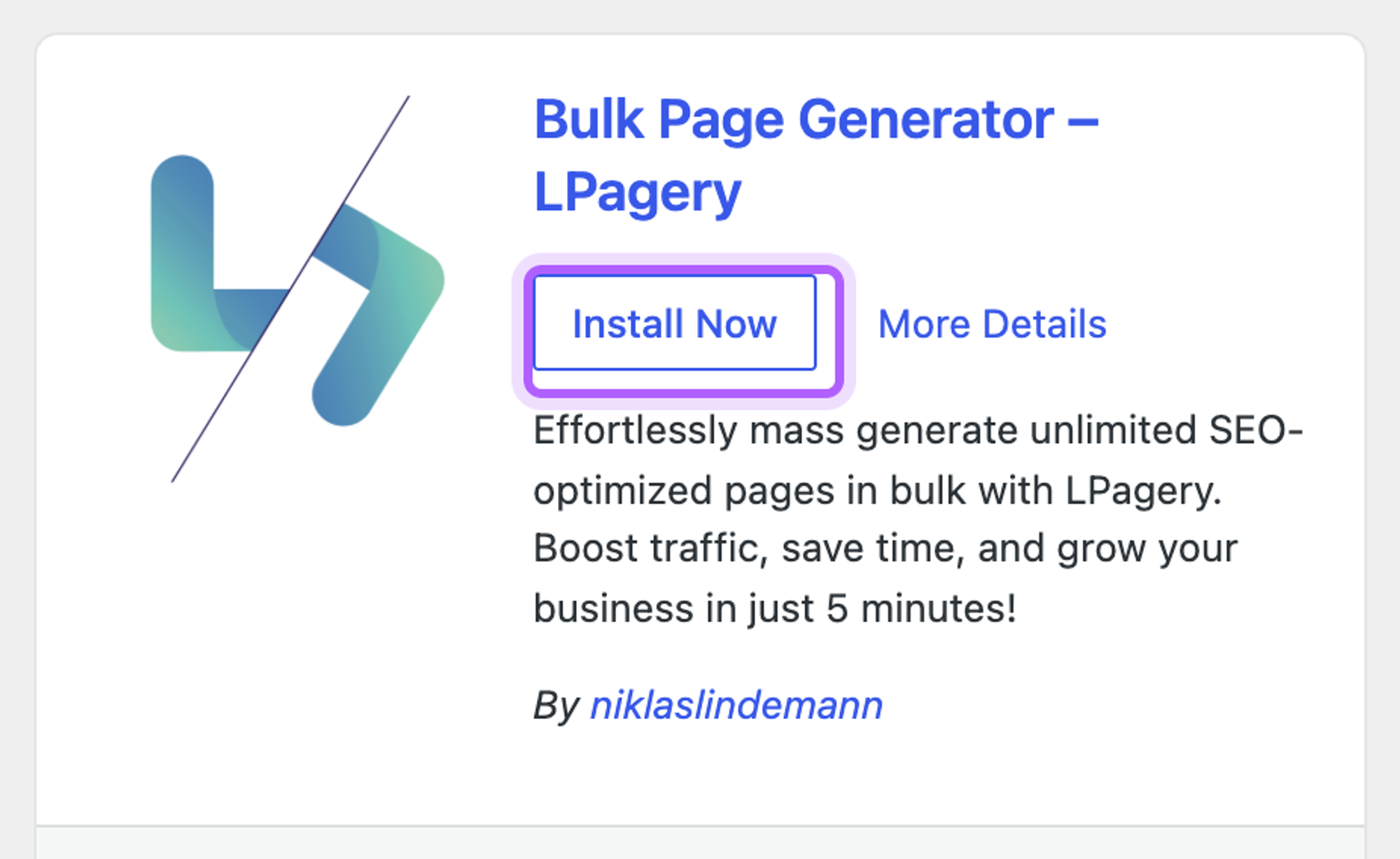 The LPagery plugin in the WordPress plugin search with the Install Now button highlighted