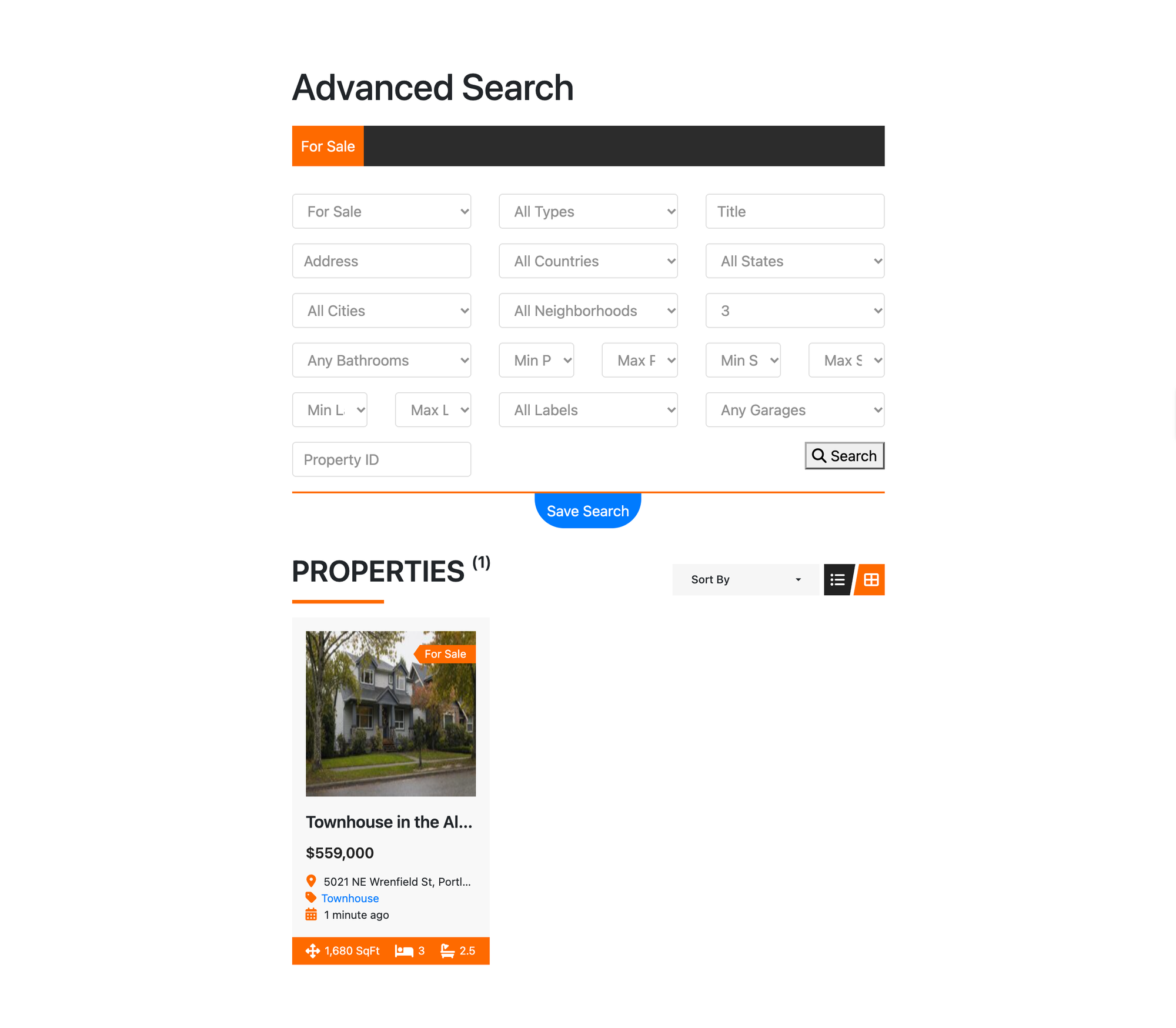 Essential Real Estate's advanced search with 3 bedrooms selected, returning only the Alberta townhouse