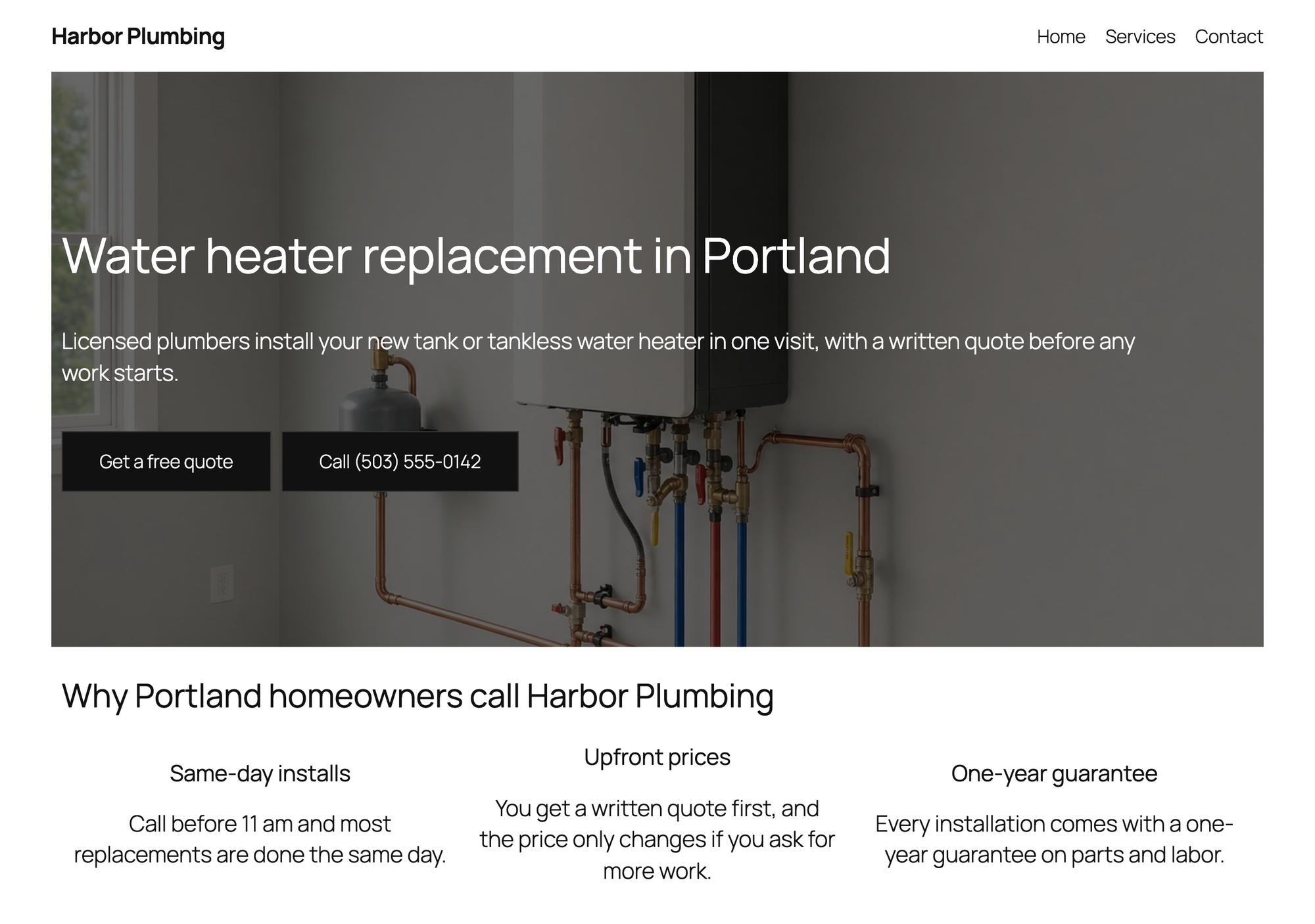 The Harbor Plumbing landing page built with Spectra, desktop view