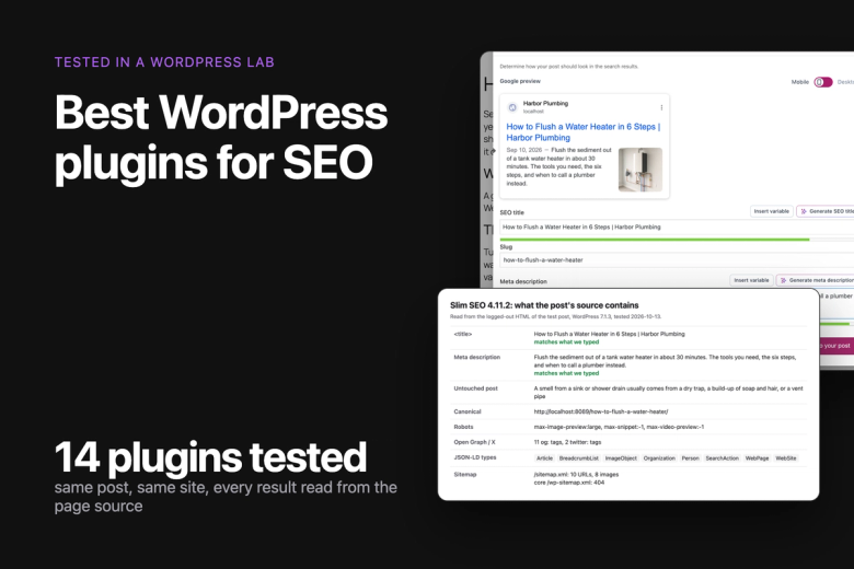 Best WordPress plugins for SEO, tested: 11 free plugins given the same task, with the Yoast SEO search appearance dialog and Slim SEO's source output