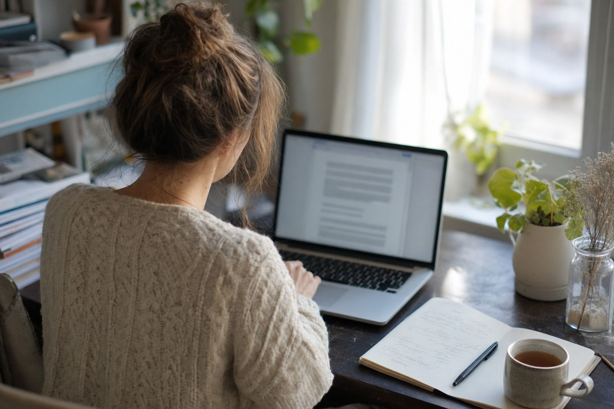 Content writer drafting a blog post on a laptop in a home office
