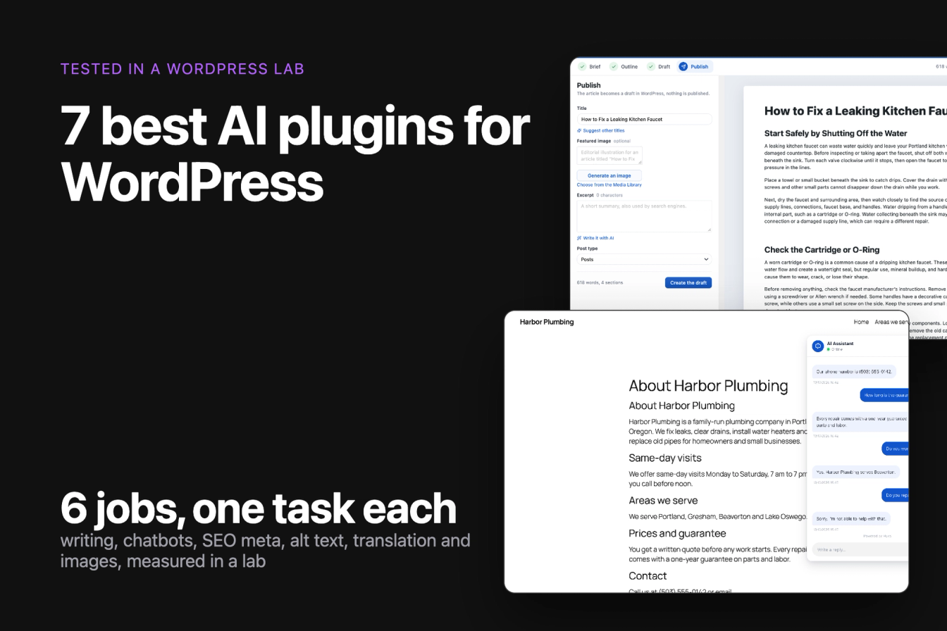 7 best AI plugins for WordPress, tested on the same writing, chatbot, SEO and alt text tasks