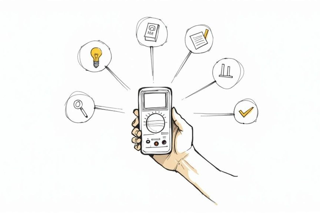 Sketch of a hand holding a multimeter, surrounded by icons of a light bulb, a magnifying glass, a checklist and a check mark