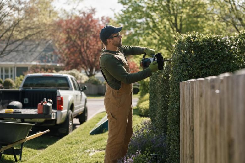 Landscaper trimming a hedge in a suburban front garden