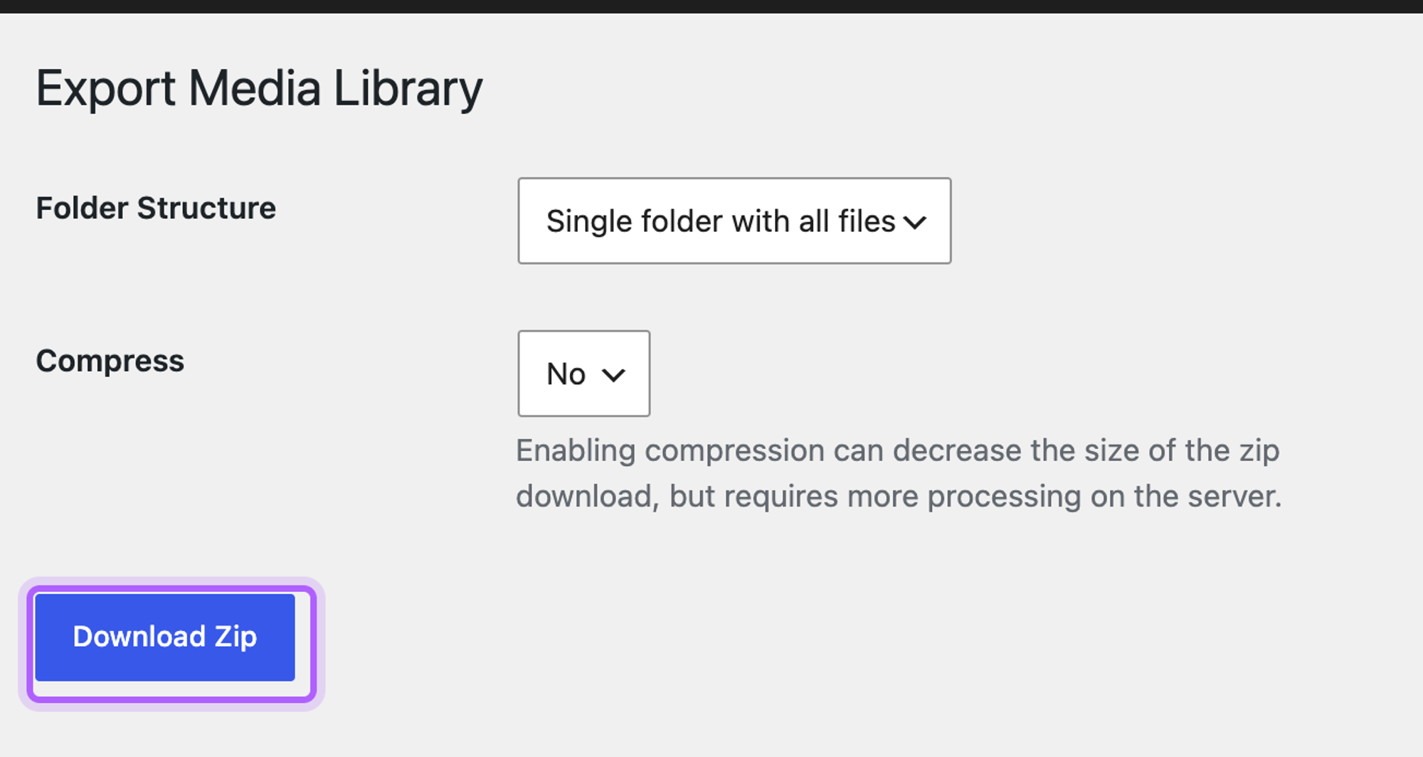 The Export Media Library screen with the Folder Structure and Compress settings and the Download Zip button highlighted
